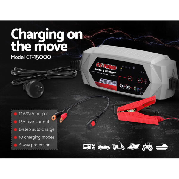 Smart Battery Charger 15A 12V 24V Automatic SLA AGM Car Truck Boat Motorcycle Caravan - Image 3