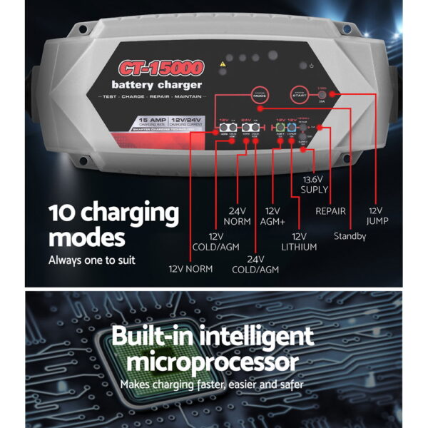 Smart Battery Charger 15A 12V 24V Automatic SLA AGM Car Truck Boat Motorcycle Caravan - Image 4