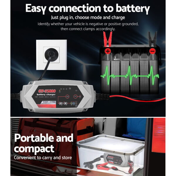 Smart Battery Charger 15A 12V 24V Automatic SLA AGM Car Truck Boat Motorcycle Caravan - Image 6
